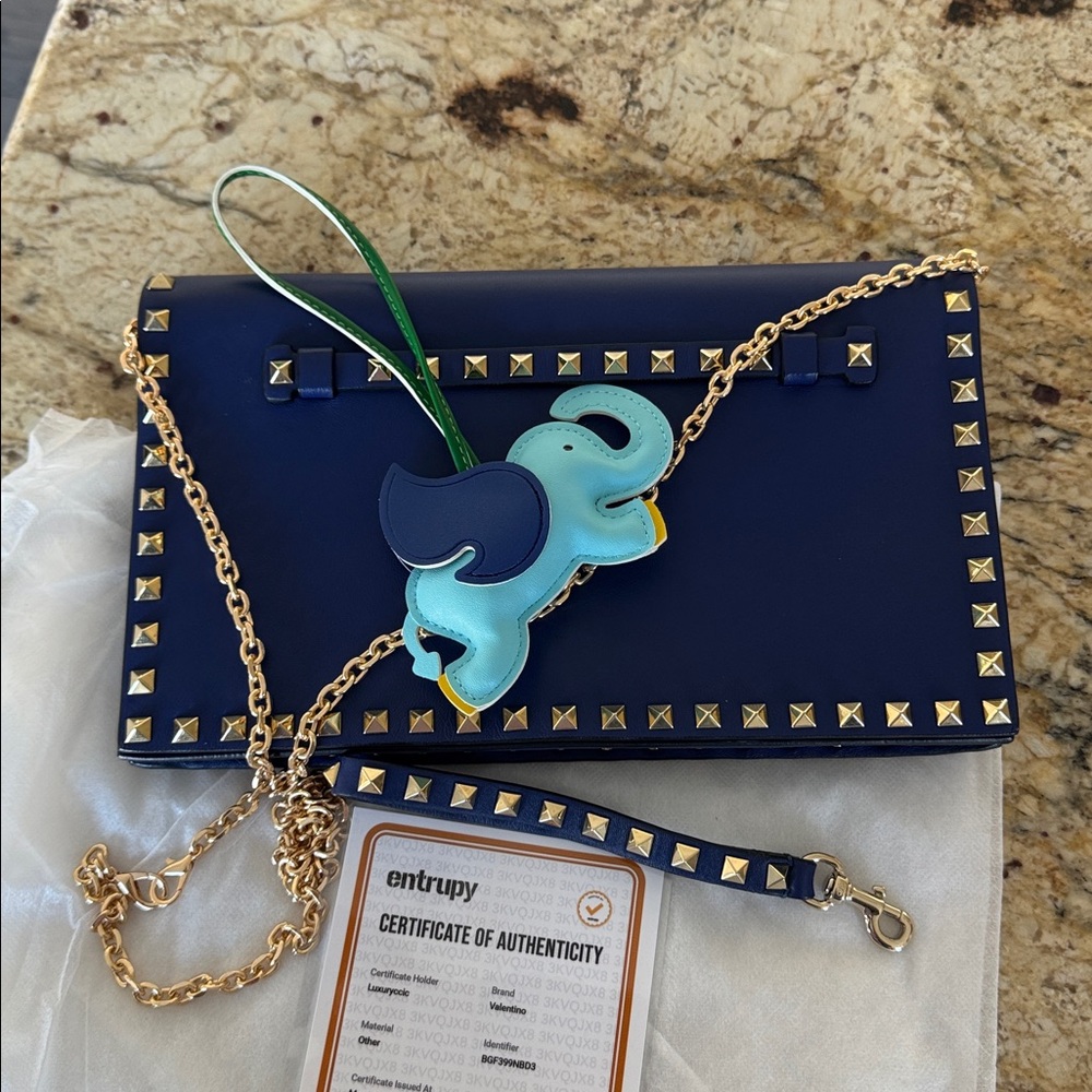 Valentino Navy Leather Rockstud Wristlet with Aqua Elephant Charm